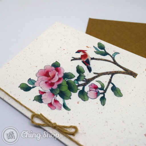 Pink Flower & Red Bird Handmade Card with Chinese Painting Design
