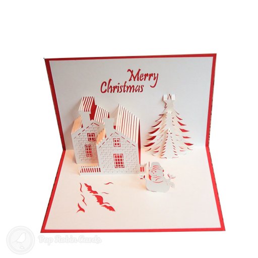 Christmas Tree, Cottage & Snowman Handmade 3D Pop-Up Christmas Card 