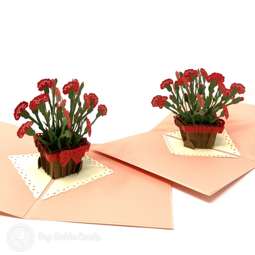 Basket Of Red Carnations 3D Handmade Pop Up Card