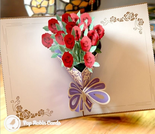 Beautiful Red Rose Bouquet Handmade 3D Pop-Up Card