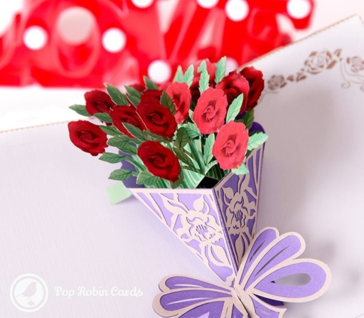 Beautiful Red Rose Bouquet Handmade 3D Pop-Up Card