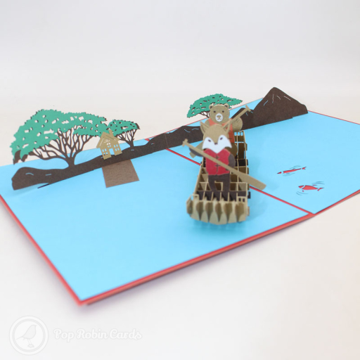 Fox And Bear Rowing On River Handmade 3D Pop Up Card