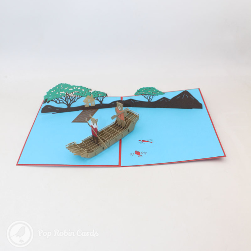Fox And Bear Rowing On River Handmade 3D Pop Up Card