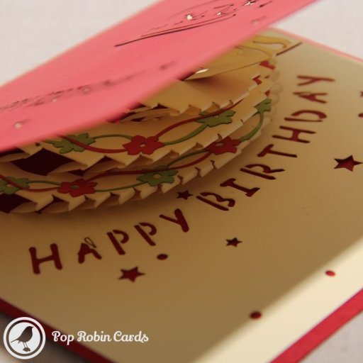 Birthday Cake with Flower Trim 3D Pop-Up Greeting Card (Red)