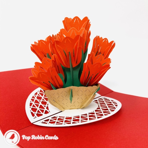 Bright Red Tulip Flowers 3D Handmade Pop Up Card