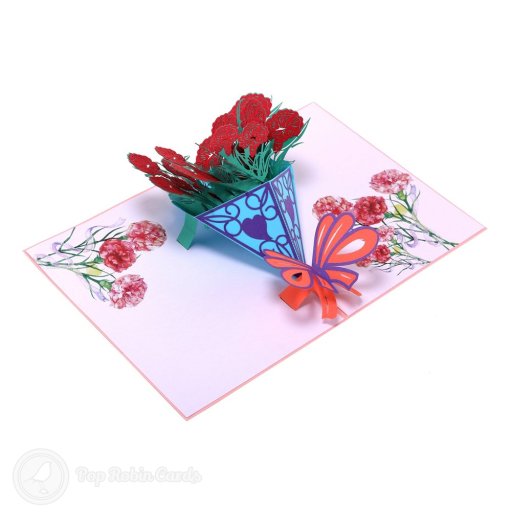 Pop-up bouquet of red carnations in blue wrapping with an orange bow, between pages printed with pink carnations