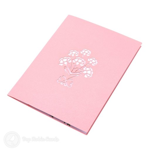 Pop-up bouquet of red carnations in blue wrapping with an orange bow, between pages printed with pink carnations