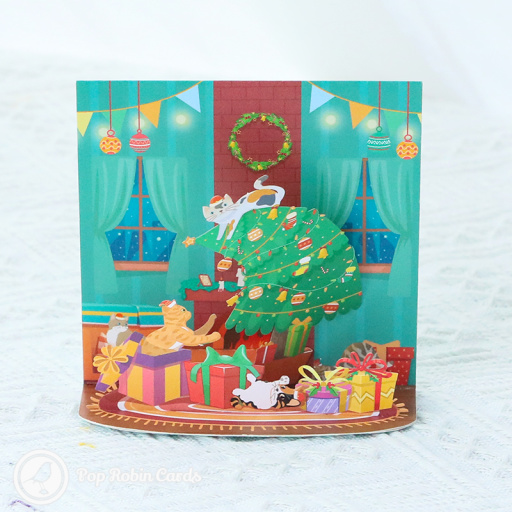 Cats Playing On Christmas Tree 3D Pop Up Small Christmas Card