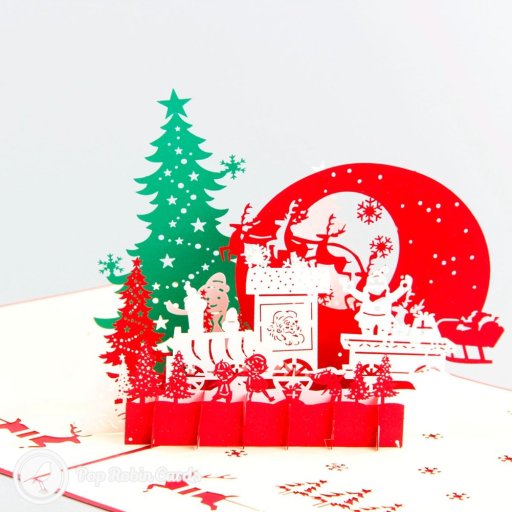Biglietto Di Natale Pop-Up 3D Paper D'Art - Santa's Train (X3D021) | 16,5x16,5 Cm, Taglio Laser, Fatto A Mano