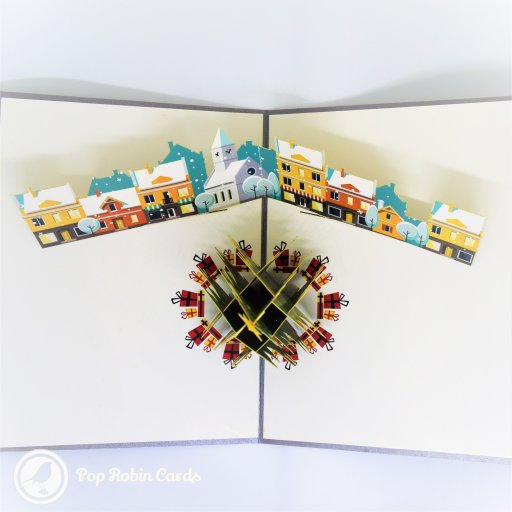 Decorated Christmas Tree And Houses Stencil Cover 3D Pop-Up Christmas Card