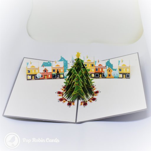 Decorated Christmas Tree And Houses Stencil Cover 3D Pop-Up Christmas Card