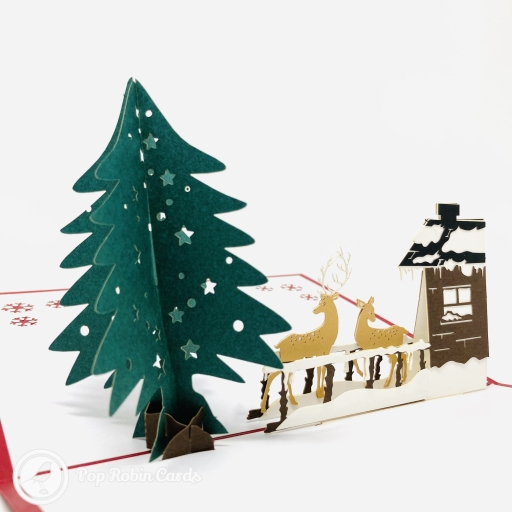 This beautiful Christmas card opens to reveal a 3D pop up design showing a tall, snowy pine tree, two reindeer and a cosy lodge in the snow. The cover has a stencil design showing the reindeer in a forest under a full moon.
