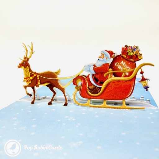Colourful Reindeer & Santa Sleigh 3D Handmade Pop Up Christmas Card