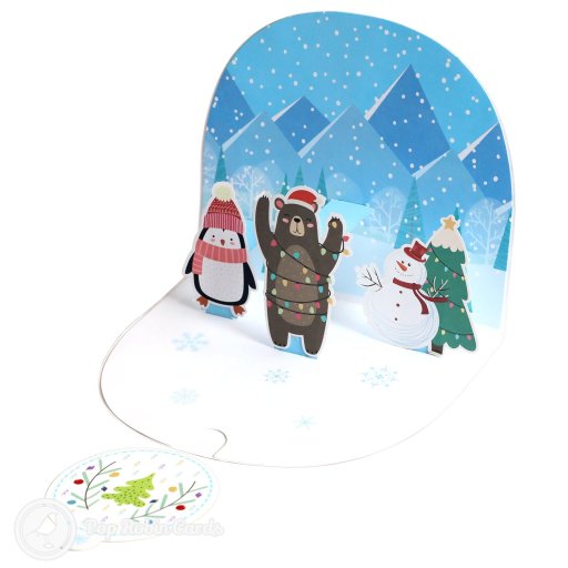 Cosy Penguin And Bear Handmade 3D Pop-Up Christmas Card