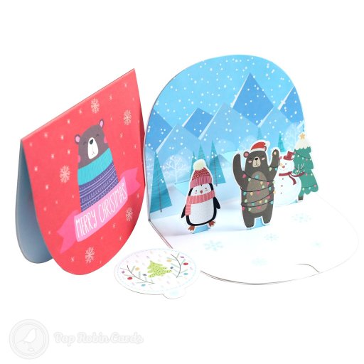 Cosy Penguin And Bear Handmade 3D Pop-Up Christmas Card