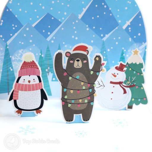 Cosy Penguin And Bear Handmade 3D Pop-Up Christmas Card