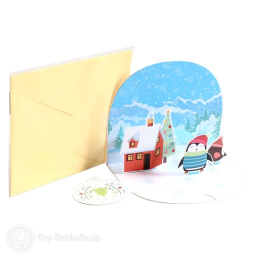 Cosy Penguin Christmas House Handmade 3D Pop-Up Christmas Card