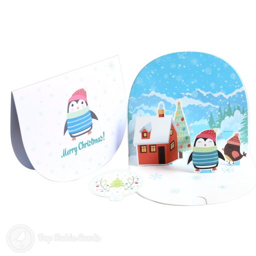 Cosy Penguin Christmas House Handmade 3D Pop-Up Christmas Card