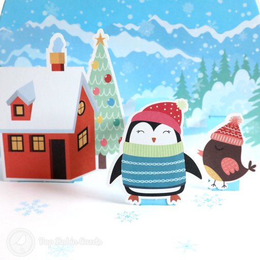 Cosy Penguin Christmas House Handmade 3D Pop-Up Christmas Card