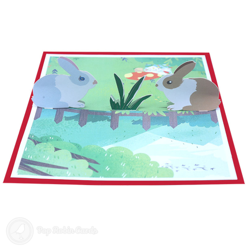 Two pop-up rabbits, one grey and one brown and white, face each other beside tall grass in a meadow