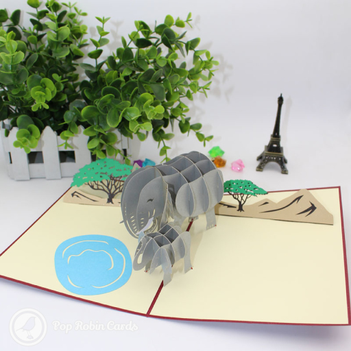 Elephants By Watering Hole Handmade 3D Pop Up Card