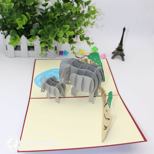 Elephants By Watering Hole Handmade 3D Pop Up Card