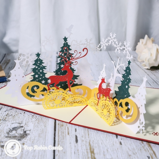Golden Reindeer In Winter Forest 3D Pop-Up Christmas Card