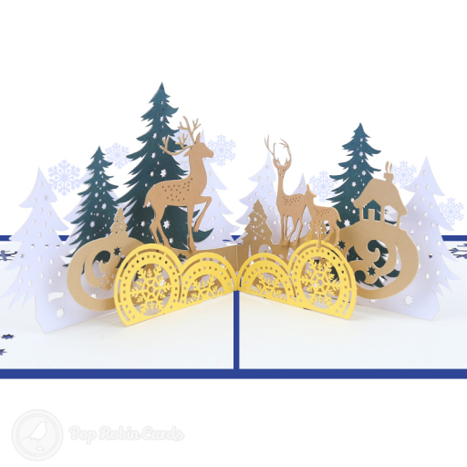 Golden Reindeer In Winter Forest 3D Pop-Up Christmas Card