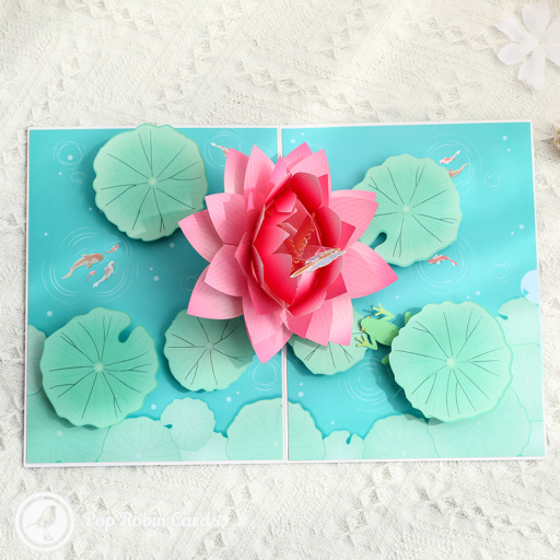 Lotus Flower With Cartoon Dragonfly Handmade 3D Greeting Card