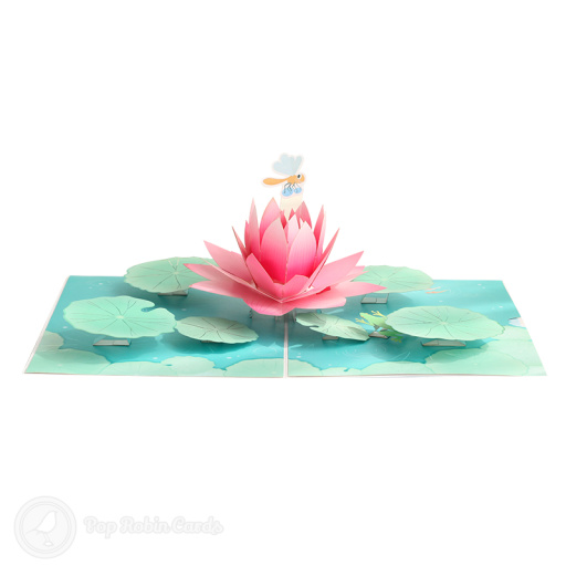 Lotus Flower With Cartoon Dragonfly Handmade 3D Greeting Card
