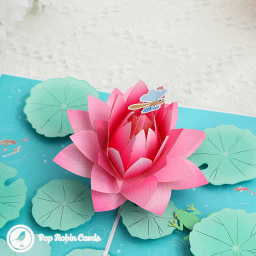 Lotus Flower With Cartoon Dragonfly Handmade 3D Greeting Card