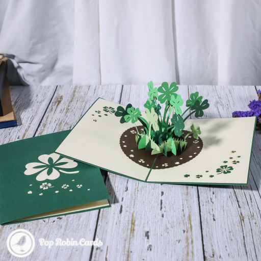 Lucky Four Leaf Clover Patch 3D Pop Up Good Luck Card