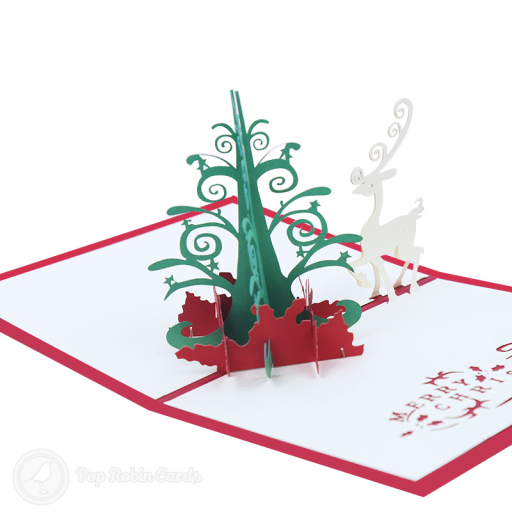 Magic Christmas Tree And White Reindeer3D Pop Up Handmade Card