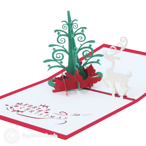 Magic Christmas Tree And White Reindeer3D Pop Up Handmade Card