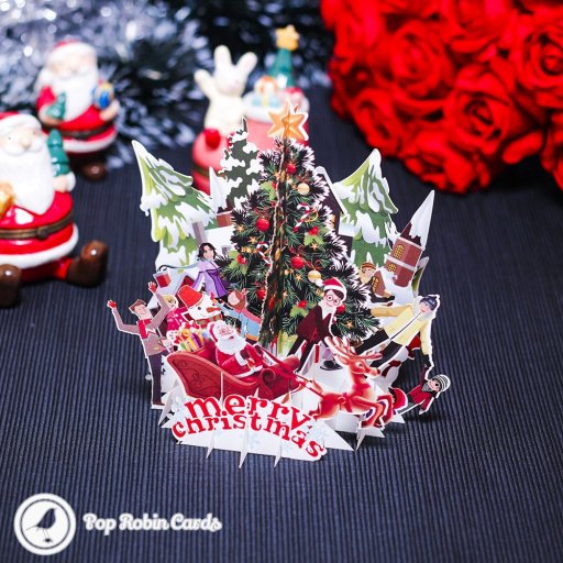 Merry Christmas Tree Family Scene Handmade 3D Pop-Up Christmas Card