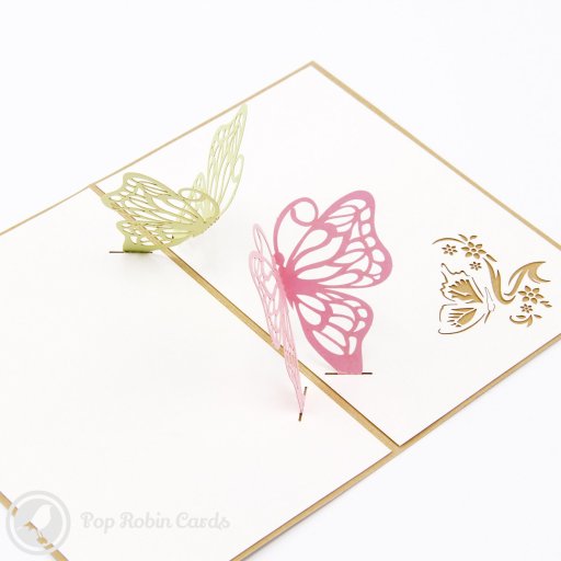 Two pop-up paper butterflies, one pale green and one pink, standing on white card pages with cut-out flower designs.