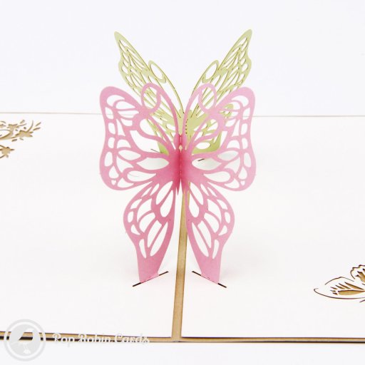 Two pop-up paper butterflies, one pale green and one pink, standing on white card pages with cut-out flower designs.