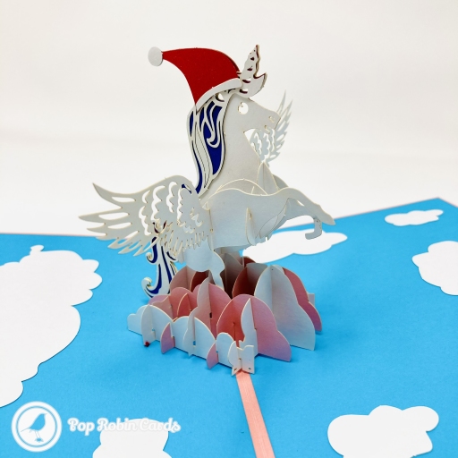 Prancing Unicorn With Christmas Hat In Clouds Handmade 3D Pop Up Card