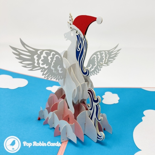 Prancing Unicorn With Christmas Hat In Clouds Handmade 3D Pop Up Card