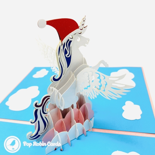 Prancing Unicorn With Christmas Hat In Clouds Handmade 3D Pop Up Card
