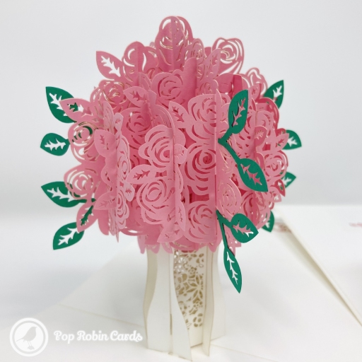 Pretty Pink Rose Bouquet 3D Handmade Pop Up Greetings Card