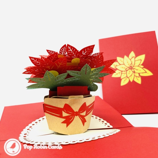 Red And Green Poinsettia Flowers 3D Handmade Pop Up Card