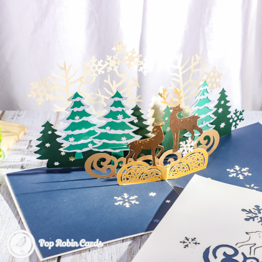Reindeer In Golden Christmas Forest 3D Pop Up Christmas Card