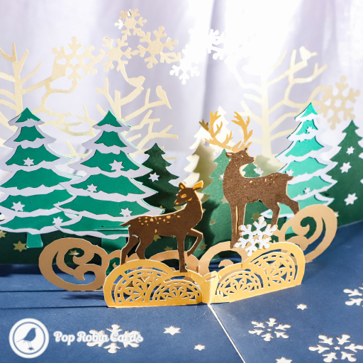 Reindeer In Golden Christmas Forest 3D Pop Up Christmas Card