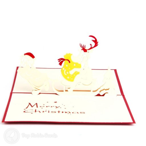 Santa Pulling A Lazy Reindeer On Sleigh Handmade 3D Pop Up Christmas Card