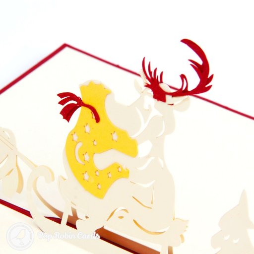 Santa Pulling A Lazy Reindeer On Sleigh Handmade 3D Pop Up Christmas Card