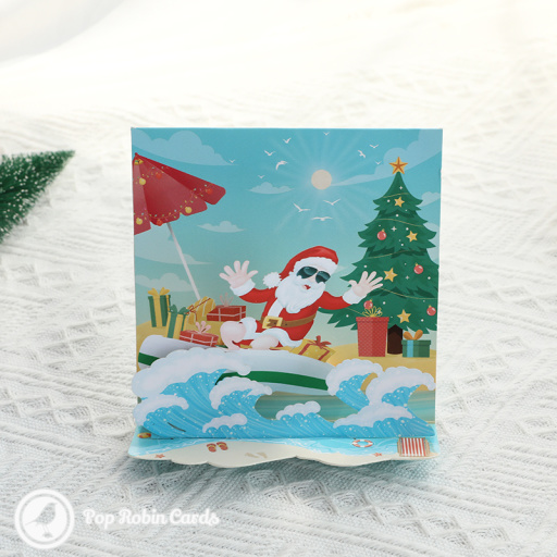 Santa Surfing In The Sun 3D Pop Up Small Christmas Card