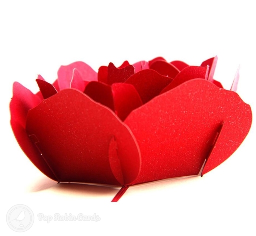 Open card with a layered red paper rose, on cream pages with red edges and small rose cut-outs in each corner.
