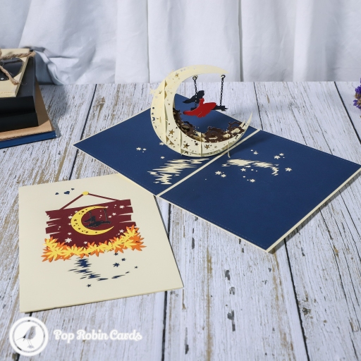 Swing Under Crescent Moon Handmade 3D Card