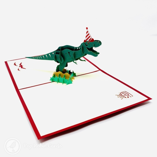 T-Rex Dinosaur With Party Hat 3D Pop Up Funny Birthday Card